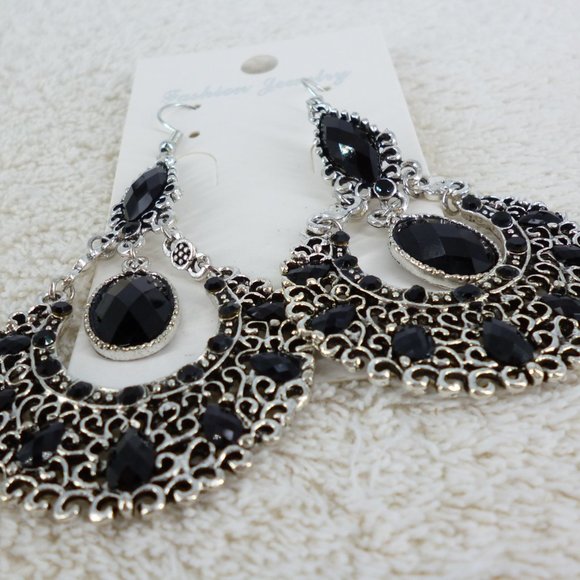 Drop Earrings Black & Silver Tone 3.5" Gypsy Boho Style Filigree NOC New Perfect - Picture 3 of 4